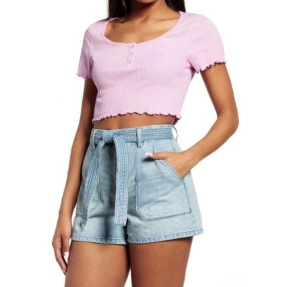 BP. Women's Short Sleeve Lettuce Edge Pointelle Rib Crop Henley Purple Tulip MD